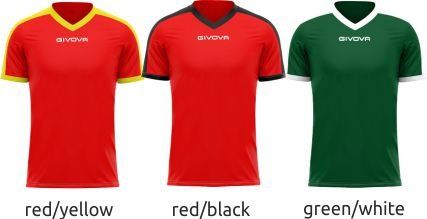 Three sports jerseys in red/yellow, red/black, and green/white color combinations.