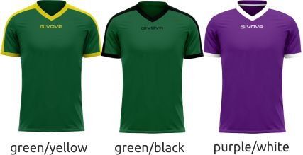 Three athletic jerseys in green/yellow, green/black, and purple/white on white background.