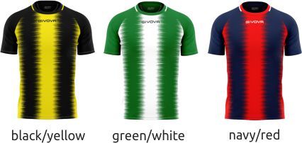 Three athletic jerseys in black/yellow, green/white, and navy/red arranged side by side
