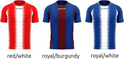 Three short-sleeve athletic shirts in red/white, royal/burgundy, and royal/white stripes.