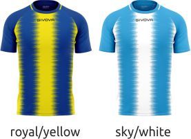 Two short-sleeve jerseys shown side by side: royal/yellow and sky/white with vertical striped patterns.