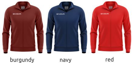 Three zip-up jackets in burgundy, navy, and red, shown side by side on white background
