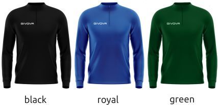Three long-sleeve shirts in black, royal blue, and green, each shown front view with color labels beneath.