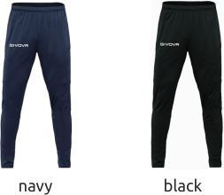 Navy and black athletic pants shown side by side on a white background.