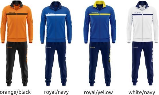 Four hooded tracksuits in orange/black, royal/navy, royal/yellow, and white/navy.