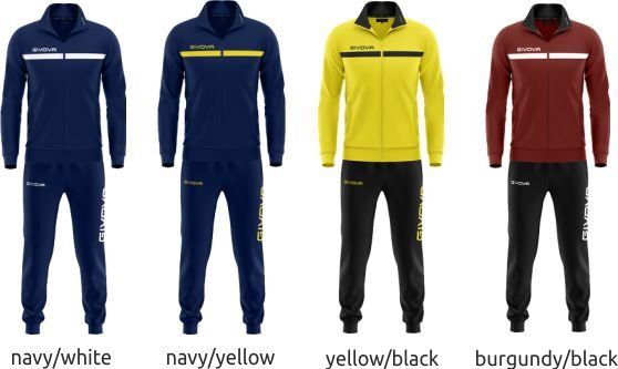 Four colorways of a men’s tracksuit: navy/white, navy/yellow, yellow/black, and burgundy/black.