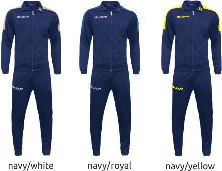 Three navy athletic tracksuits shown in white, royal blue, and yellow trim variations