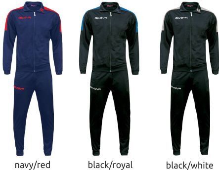 Three athletic tracksuits shown in navy/red, black/royal, and black/white colorways.