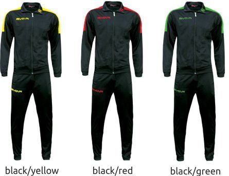 Three black athletic tracksuits shown in black/yellow, black/red, and black/green colorways.