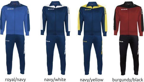 Four tracksuits in royal/navy, navy/white, navy/yellow, and burgundy/black colorways.