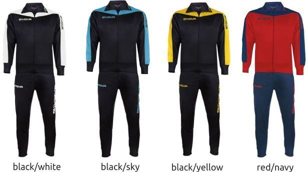Four men's tracksuits in black/white, black/sky, black/yellow, and red/navy colorways.