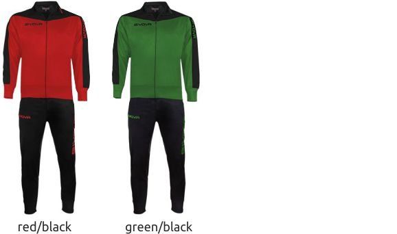 Two tracksuits shown side by side: red/black and green/black, each with hooded jacket and pants.