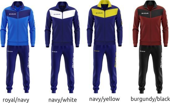 Four men's tracksuits in royal/navy, navy/white, navy/yellow, and burgundy/black colors