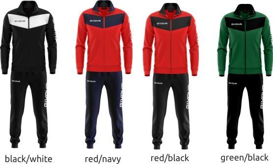 Four tracksuits in black/white, red/navy, red/black, and green/black, shown front and back.