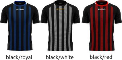 Three striped soccer jerseys in black/royal, black/white, and black/red.