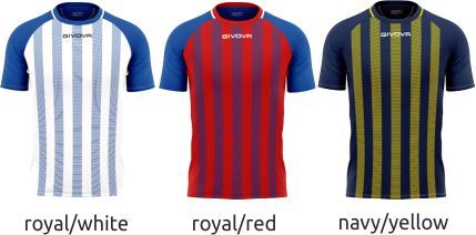 Three striped soccer jerseys in royal/white, royal/red, and navy/yellow
