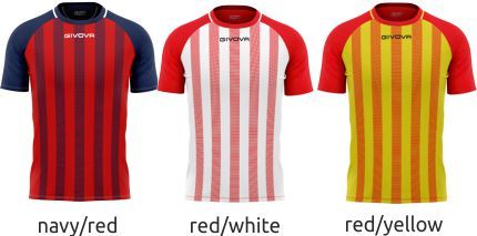 Three striped soccer jerseys in navy/red, red/white, and red/yellow.