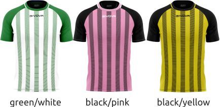 Three soccer jerseys shown side by side: green/white, black/pink, and black/yellow.