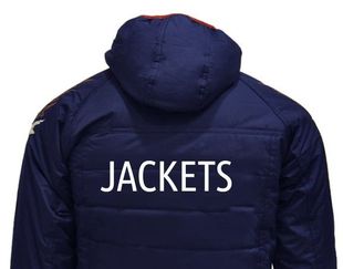 Navy blue jacket with hood, labeled “JACKETS” in white text.