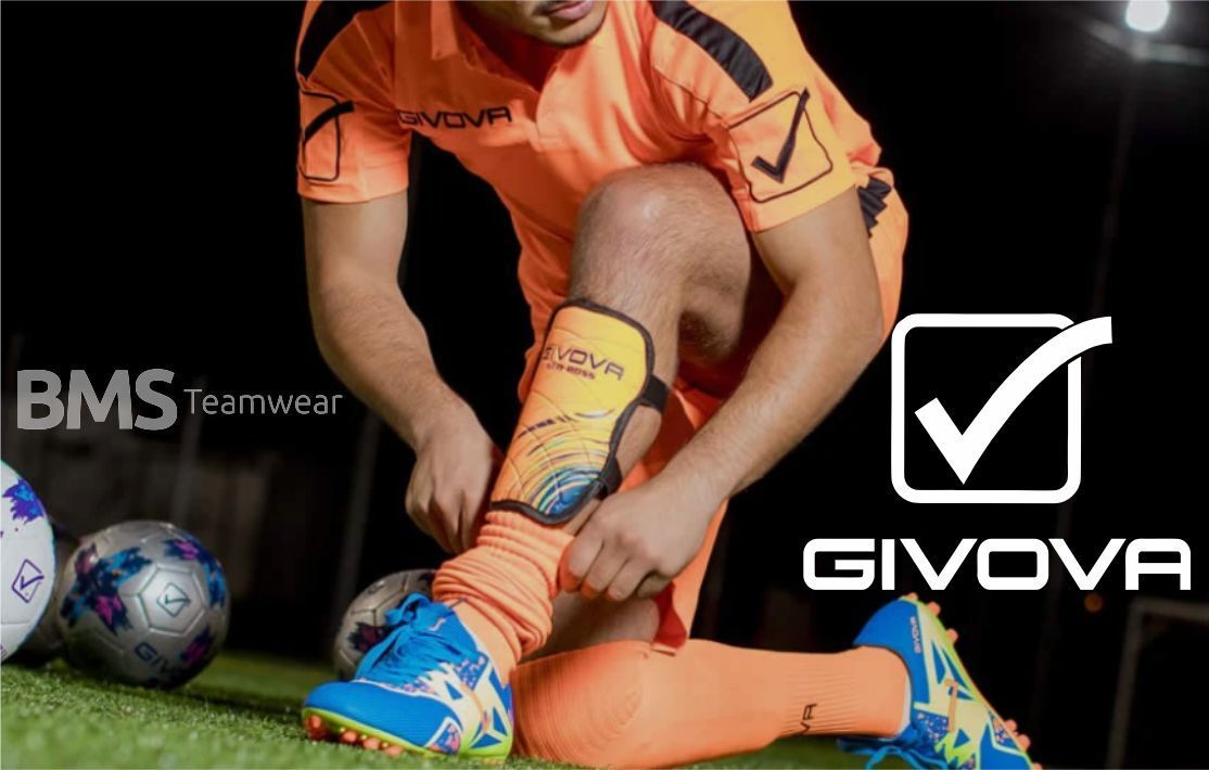 Soccer player in orange kit tying blue cleats on a field, with GIVOVA logo and check mark branding