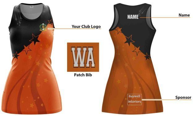 Orange and black sleeveless sports jersey mockup with front, back, and patch logo views