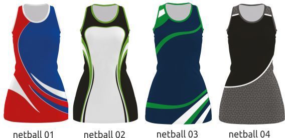 Four sleeveless netball dresses in red, white, blue, green, and black with curved trim designs