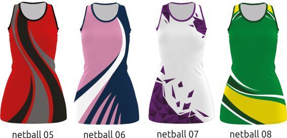 Four netball dress designs in red, pink, white, and green with diagonal panel accents
