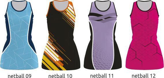Four sleeveless netball dresses in blue, black, lilac, and pink with geometric patterns.