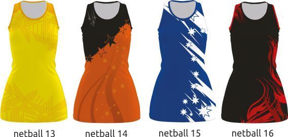 Four colorful netball dresses: yellow, orange, blue, and black-red team uniforms.