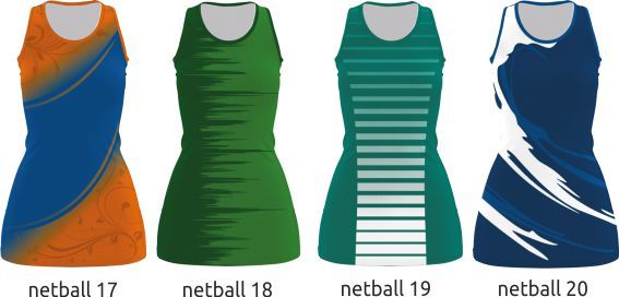 Four netball uniforms in orange-blue, green, striped teal, and navy-white designs