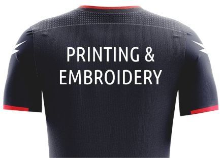 Black athletic shirt with “PRINTING & EMBROIDERY” printed on the back in white text