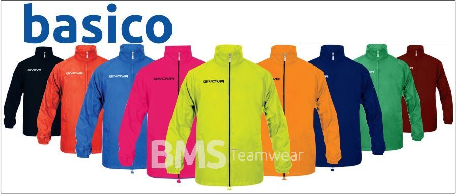 Basico logo above colorful zip-up jackets arranged in a row on white background