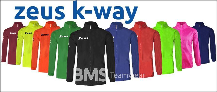 Zeus K-way teamwear logo with lineup of colorful hoodies and jackets