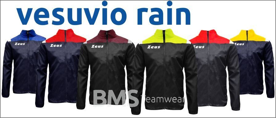Vesuvio Rain waterproof jackets in navy, red, black, and yellow, displayed in a row