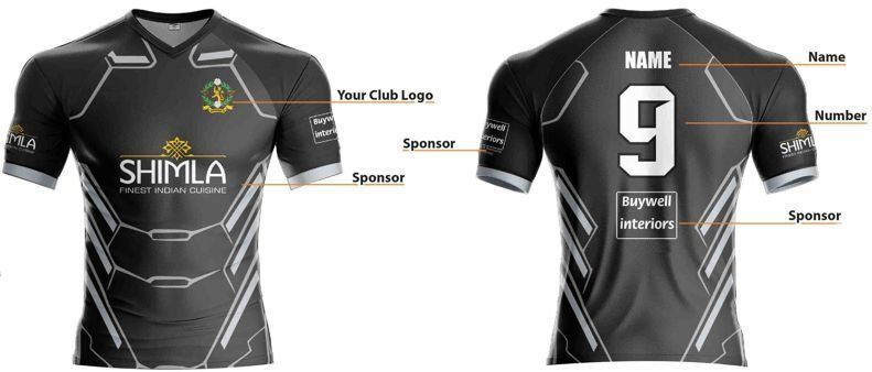 Black and gray custom sports jersey mockup, front and back views with sponsor and name/number placement