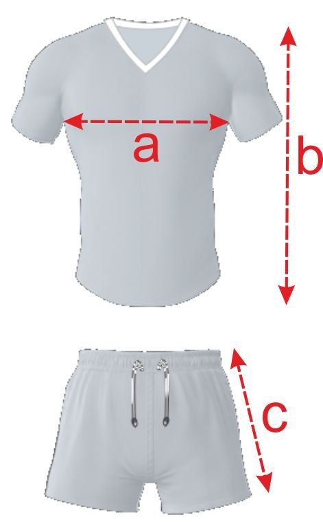 Gray T-shirt and shorts with red arrows marking width and lengths a, b, and c.