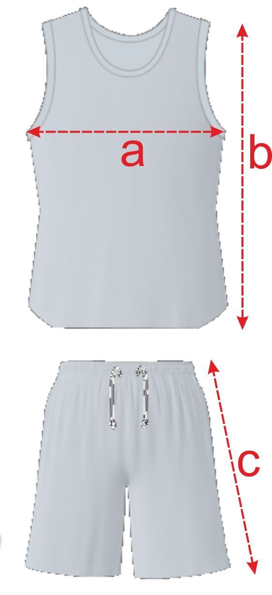 Gray sleeveless top and shorts with red measurement arrows labeled a, b, and c
