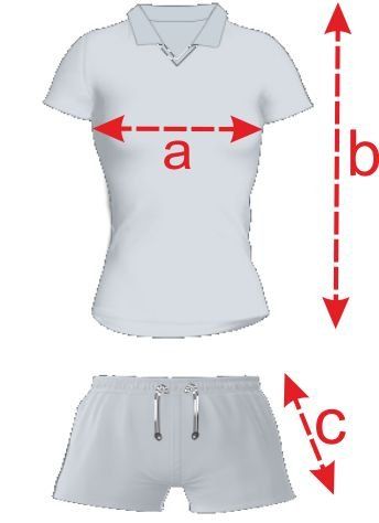 Gray polo shirt and shorts size chart with arrows marking chest, length, and shorts length