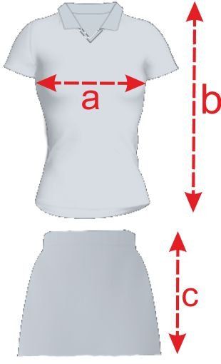 Gray polo shirt and skirt with red arrows marking width and length measurements