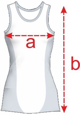 White sleeveless tank top with red dashed arrows showing width and length measurements.