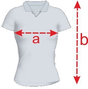 Gray polo shirt diagram with arrows marking width a and length b