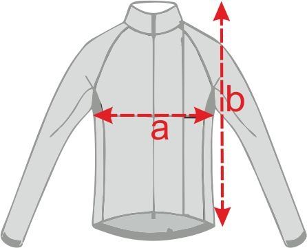Gray jacket diagram with red arrows marking width and length measurements