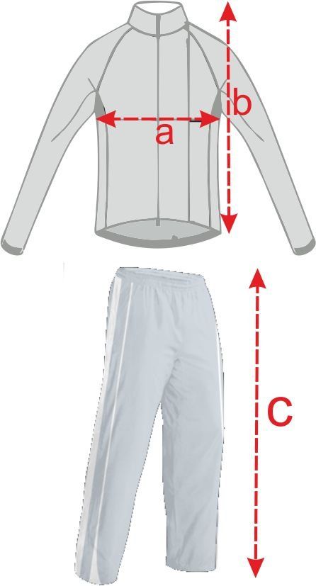 Gray jacket and light gray pants size chart with red arrows marking chest, sleeve, and inseam measurements