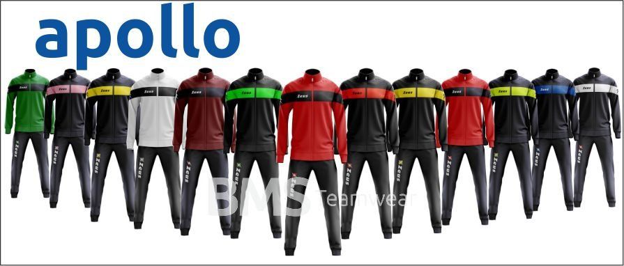Apollo-branded row of mannequin figures in black, green, red, and yellow athletic jackets and pants