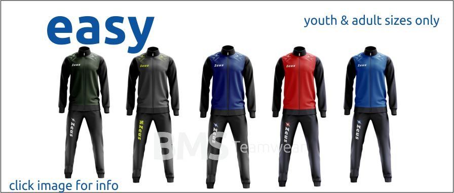 Youth and adult sizes only; four tracksuits in black, blue, red, and blue with “easy” text