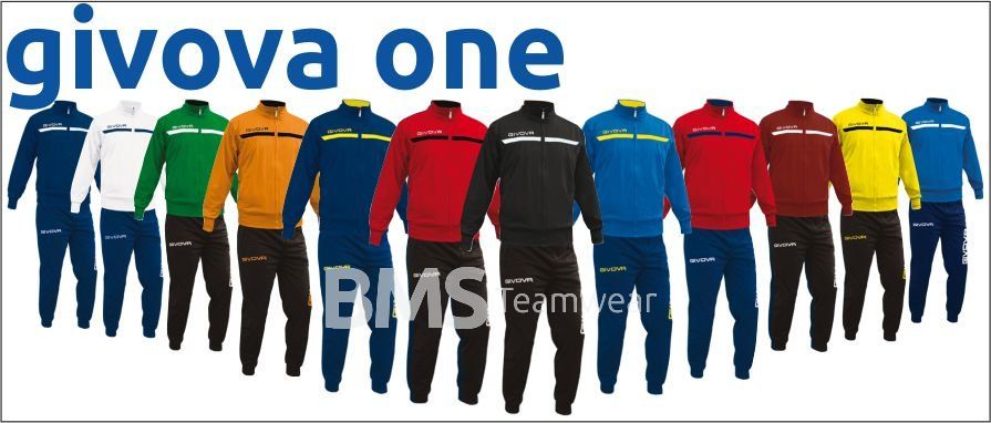 Givova One sportswear banner with multiple tracksuits in assorted colors on white background