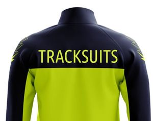 Black and neon yellow tracksuit jacket back view with “TRACKSUITS” printed across the shoulders