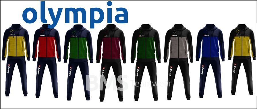 Olympia branding above seven colored winter jacket and ski pant sets on white background