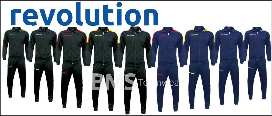 Revolution-branded lineup of black and navy wetsuits or jumpsuits on a white background