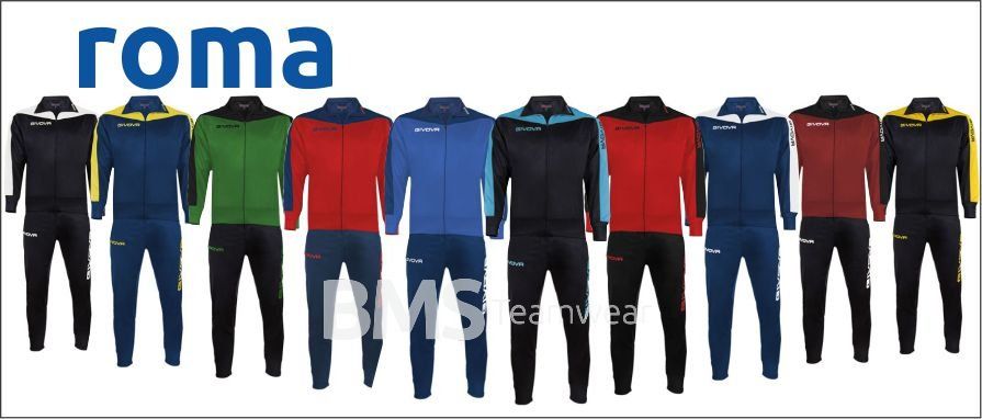 Roma brand soccer uniforms in multiple color combinations displayed side by side